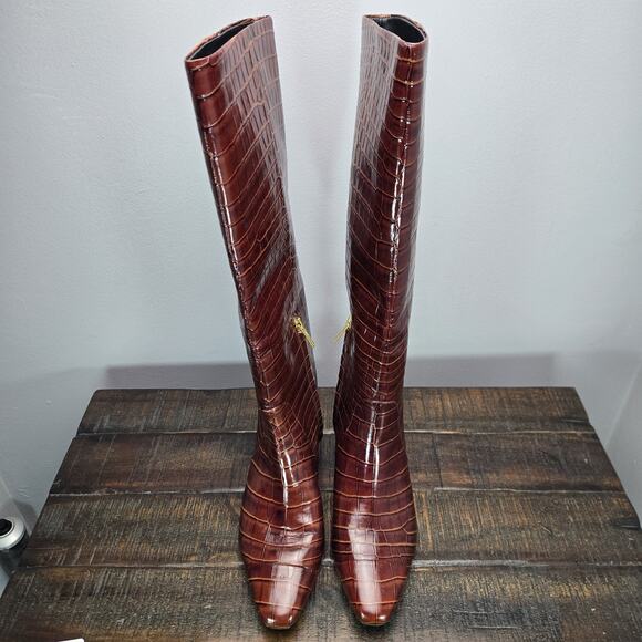 Veronica Beard Cecile Croc-Embossed Womens Size 7 M Tall Boots Sepia Brown - Picture 2 of 12